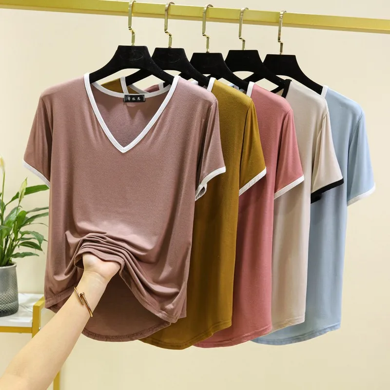 Modal V-neck Tshirt short sleeves women summer Thin T-shirts Loose casual Tee Tops solid color Plus size Base Tees