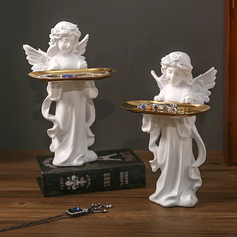 Angel Tray Statue Ornament Jewelry Tray Entrance Storage Living Room Desktop Artfigurine Nordic Home Luxury Decoration Sculpture