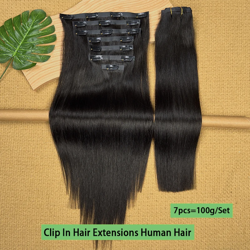 스트레이트 PU 클립 인 헤어 익스텐션, 인비저블 심리스 생처녀 인모 클립 인 익스텐션, 내추럴 블랙 7피스 100g/세트