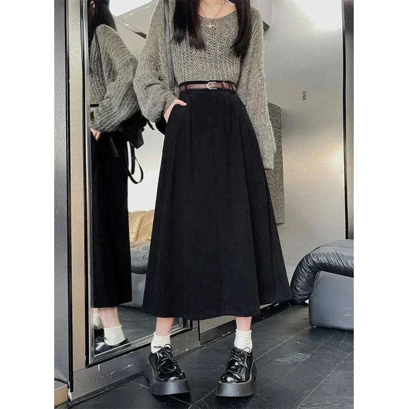 Vintage Belt Corduroy Midi Skirt Women High Waist Pleated A Line Skirt Female Fall Winter Streetwear Korean Chic All Match Skirt