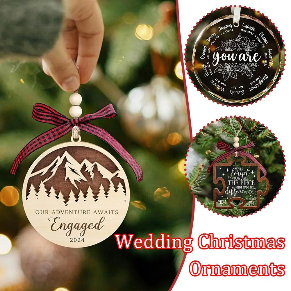 Engagement Ornament 2024 Wood Christmas Ornament With Rope Ribbon Beads Engagement Gifts For Couples Newlyweds Rustic Home Decor