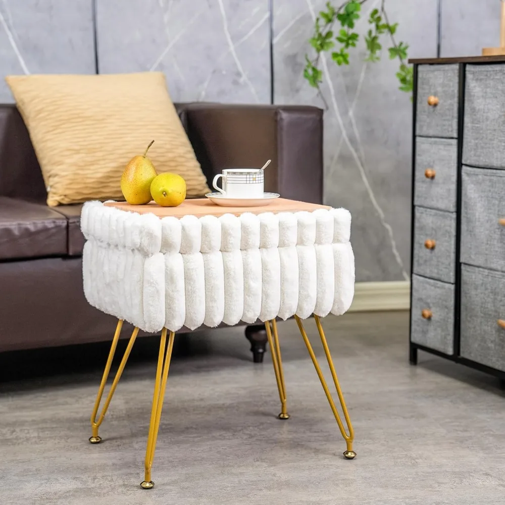 Белый туалетный столик из искусственного меха с пуфиком для хранения вещей, металлическими ножками для спальни или макияжа