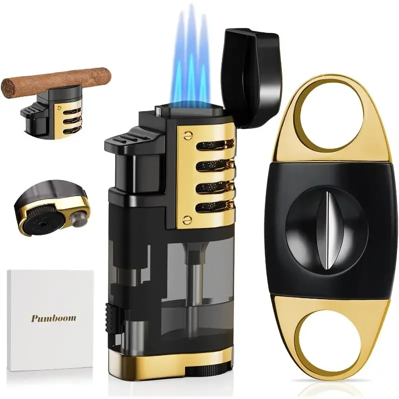 Metal Windproof Three Jet Flames Gas Cigar Lighter Transparent Oil Tank High Temperature Spray Gun Cigar Cutter Lighter