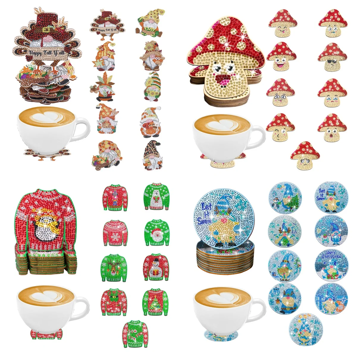 10 DIY-Diamant-Malerei-Sets mit Zwergen-/Weihnachts-/Pilzmustern, rutschfesten Untersetzer aus Holz, für Wohnzimmer und Küche