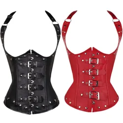 Halter Neck Faux Leather Steampunk Corselet Front Buckle Closure Rivet Underbust Bustier Waist Cincher Shaper Corset