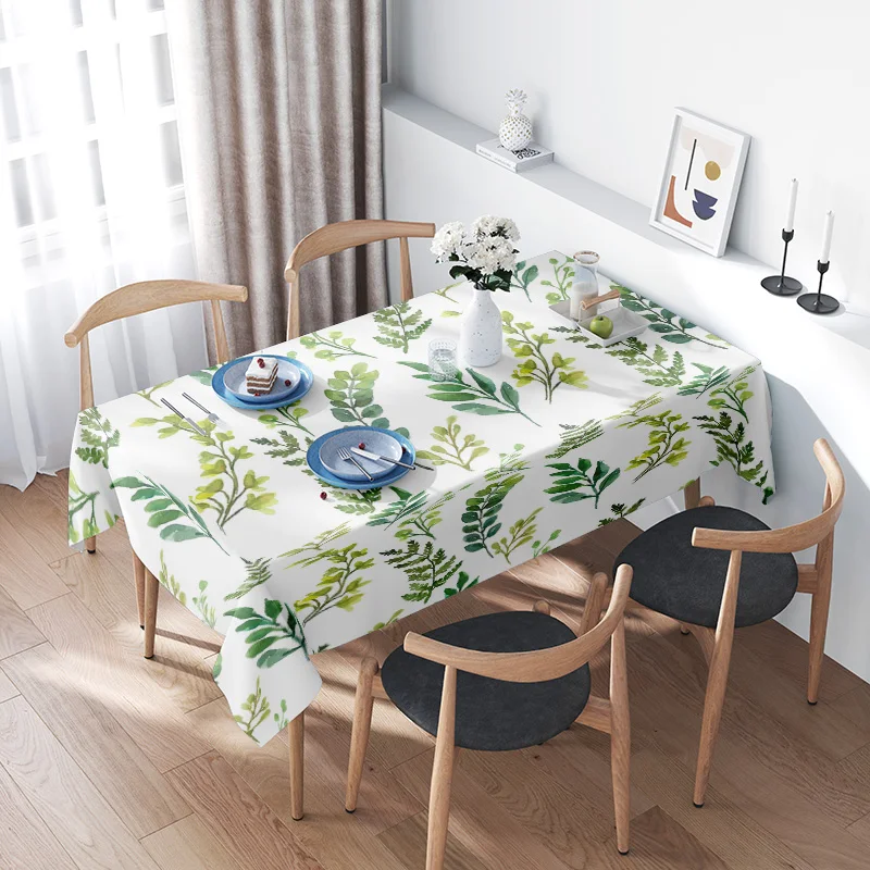 

Modern Floral Tablecloth: Green Leaves Design for Dining Room Decoration Washable Polyester Fabric Home Decor Cloth