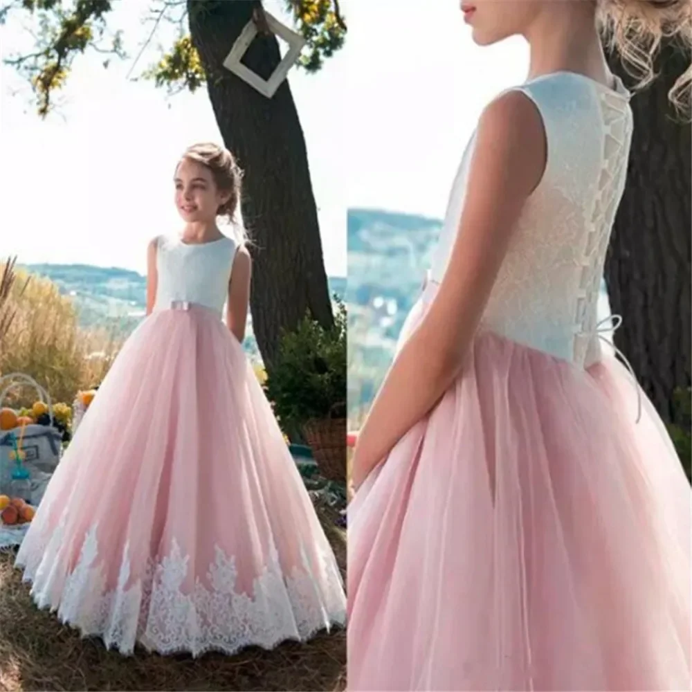 

Pink Flower Girls Dresses For Weddings Puffy Sleeveless Tulle with Lace Custom Made Girls Pageant Gowns Kids Birthday Wear