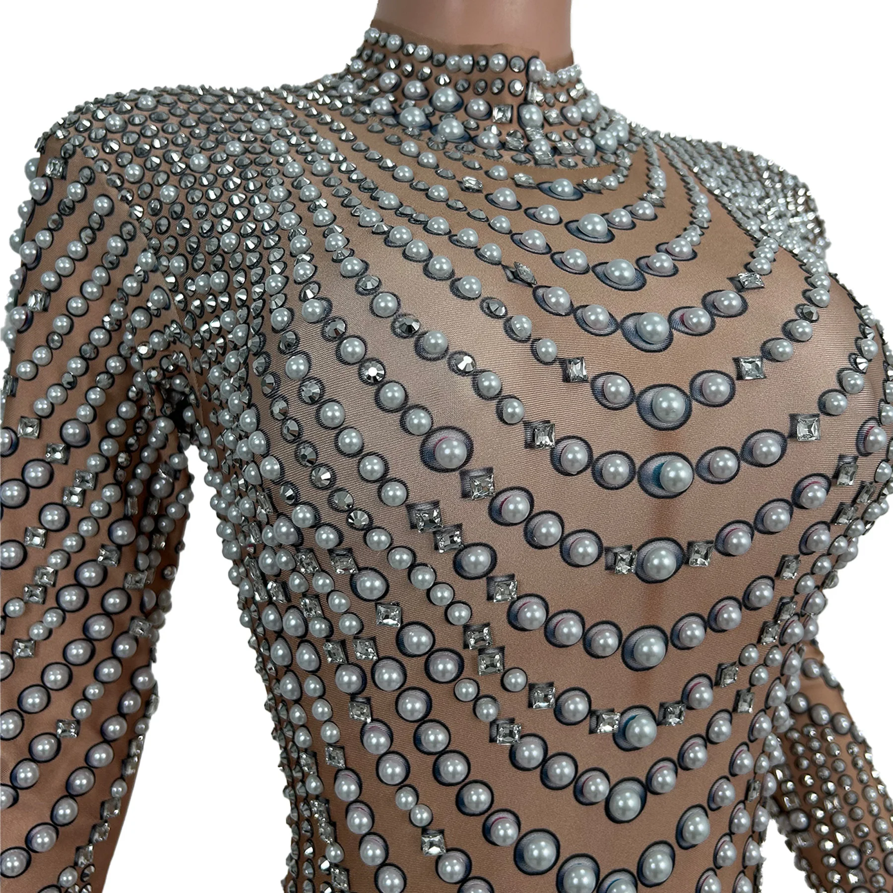 ชุดจั๊มสูทรัดรูปประดับมุกและคริสตัลสำหรับงานปาร์ตี้กลางคืน คาร์นิวัล  ชุดเต้นรำบนเวที ชุดดีเจ ชุดแสดง  เจิ้นจูหวัง