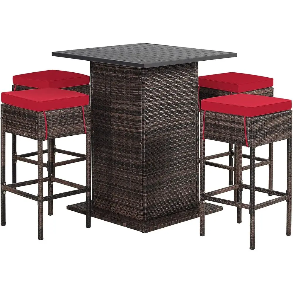 

Red 5-Piece Rattan Outdoor Bar Set with Cushioned Stools and Storage Table