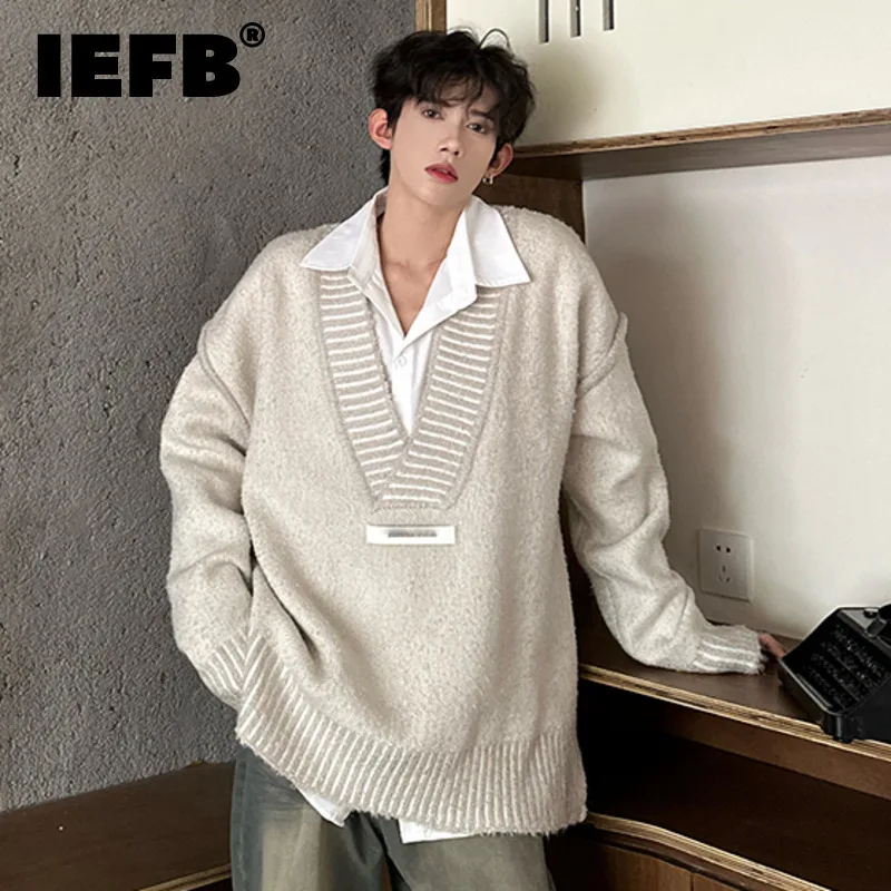 IEFB Versatile Men's Knitwear New Trendy V-neck Sweater Trend Solid Color Loose Male Pullover Top 2024 Autumn Winter Male 9C3683