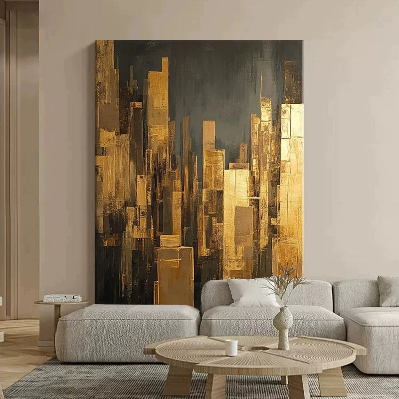 Hand Drawn Oil Painting Abstract Hanging Picture Gold foil Building Wall Art Texture Poster Living Room Porch Hotel Decor Mural