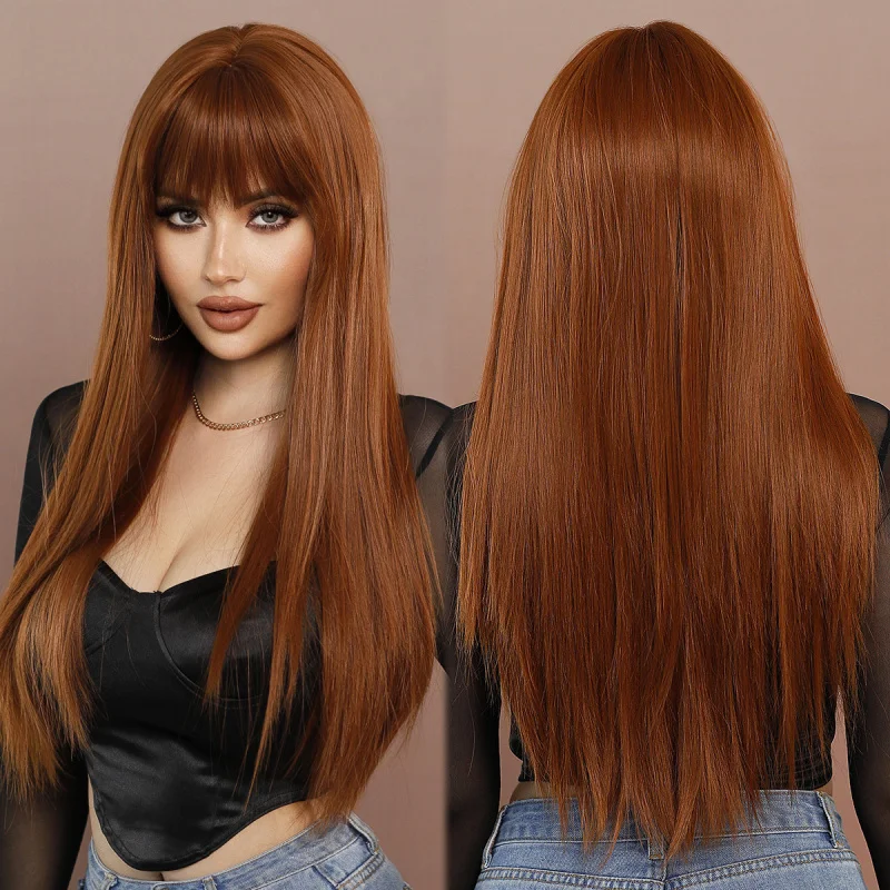 

Long Straight Ginger Wig with Bangs for Women Synthetic Hair