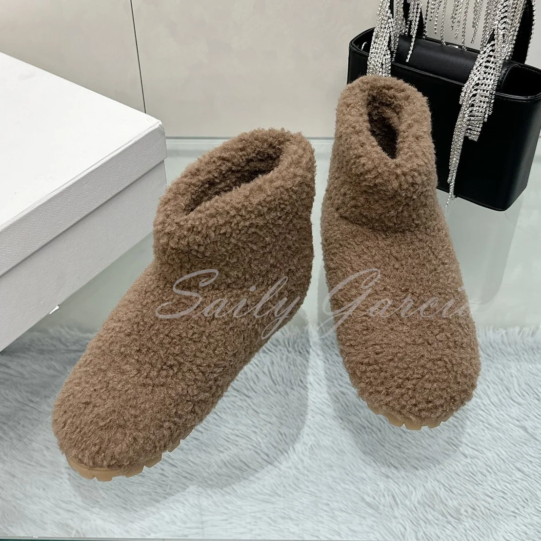 Ladies Winter Shoes Plush Lining Snow Boots Walking Slip On Brown Round Toe Ankle Boot Outside Non Slip Woolen Boots