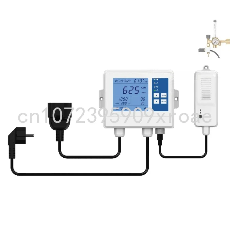 Carbon dioxide controller for greenhouse hydroponic growth chamber controlling carbon dioxide dosage regulator