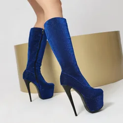 16cm High-heeled Bar Pole Dance Sexy Knee High Boots Waterproof Platform Side Zipper Glitter Leather Round Toe Woman Boots 35-45