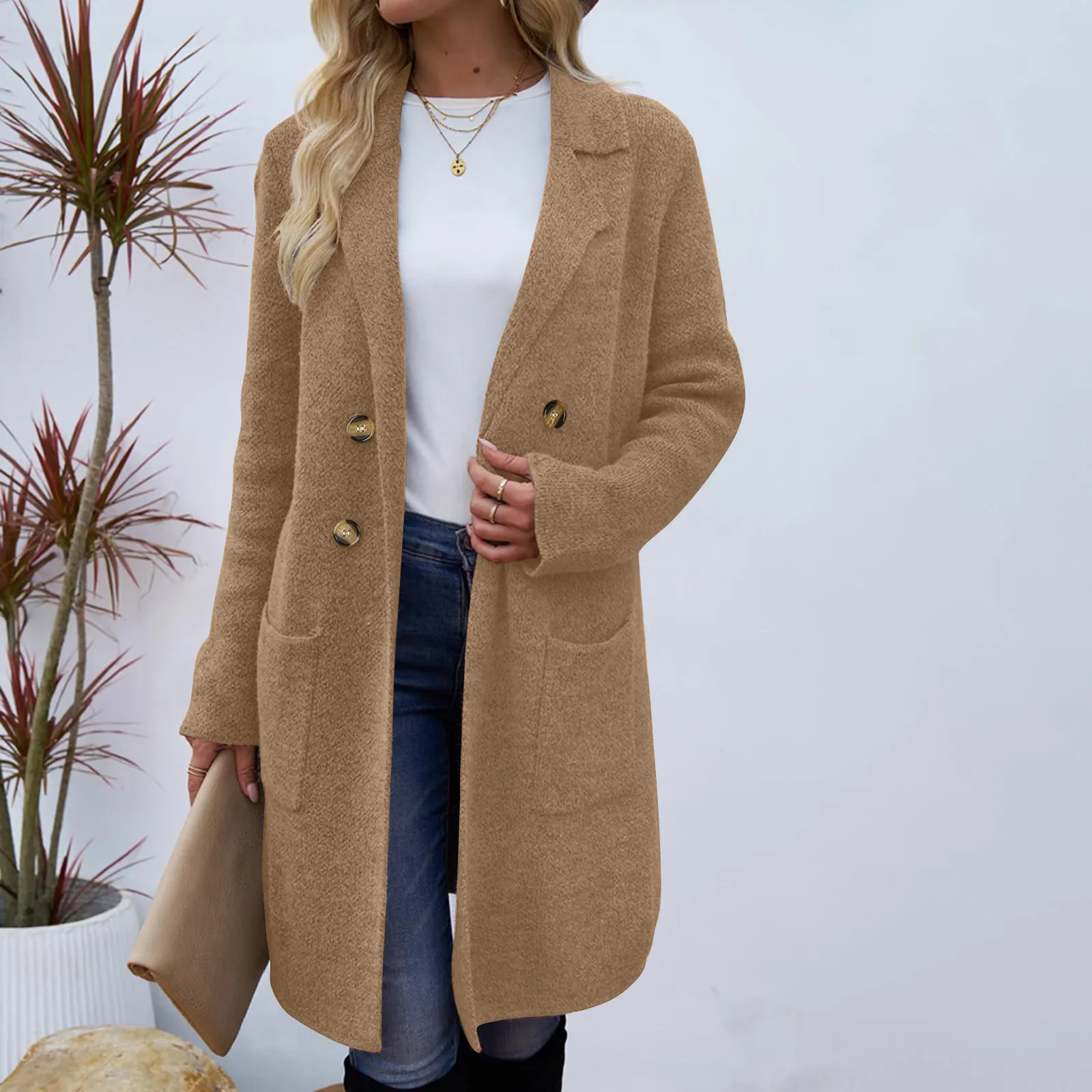 

Casaco Inverno Feminino Autumn Winter Solid Color Button Lapel Coat Formal Office Commuter Pocket Jacket Куртка Женская Осенняя