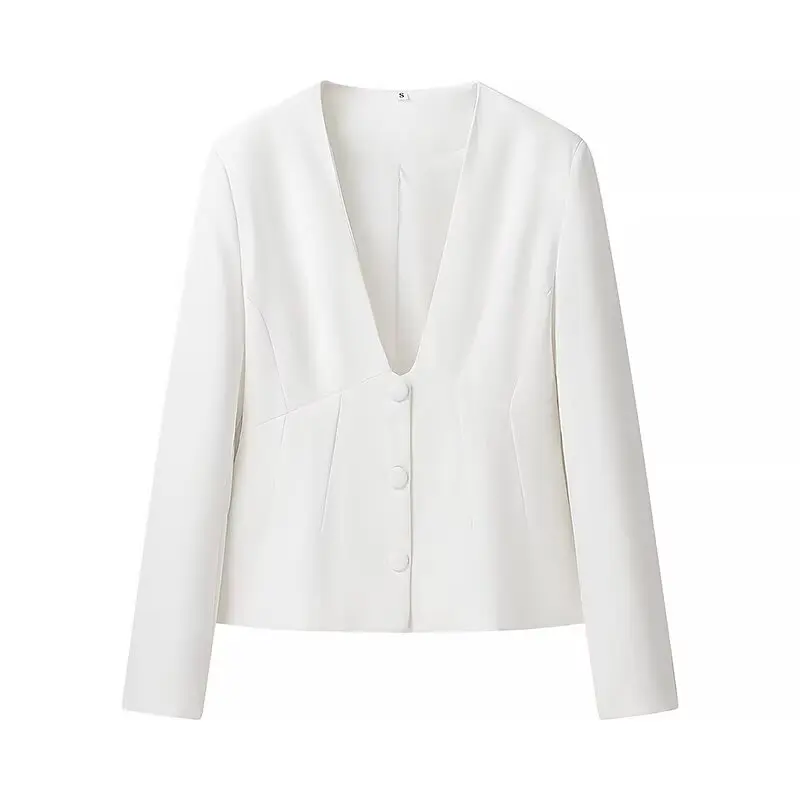 Temperament commuting high-end white two-piece suit for women with deep V-neck suit top and high-waisted suit wide-leg pants