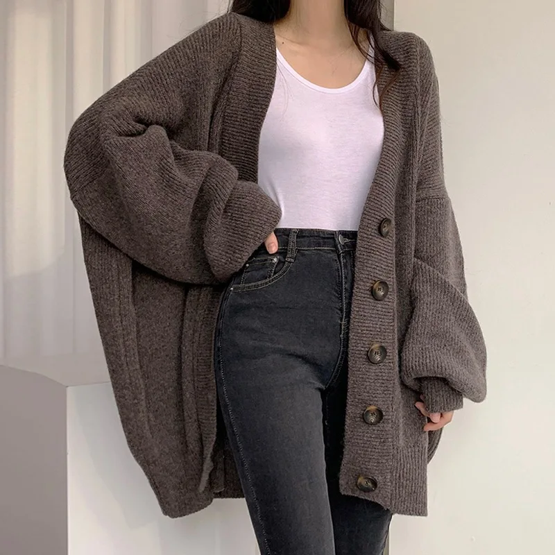 V-neck Button Up Knitted Cadigan Coat Thicked 2023 Autumn Winter Korean Vintage Lantern Sleeve Oversized Sweater Cardigan femme