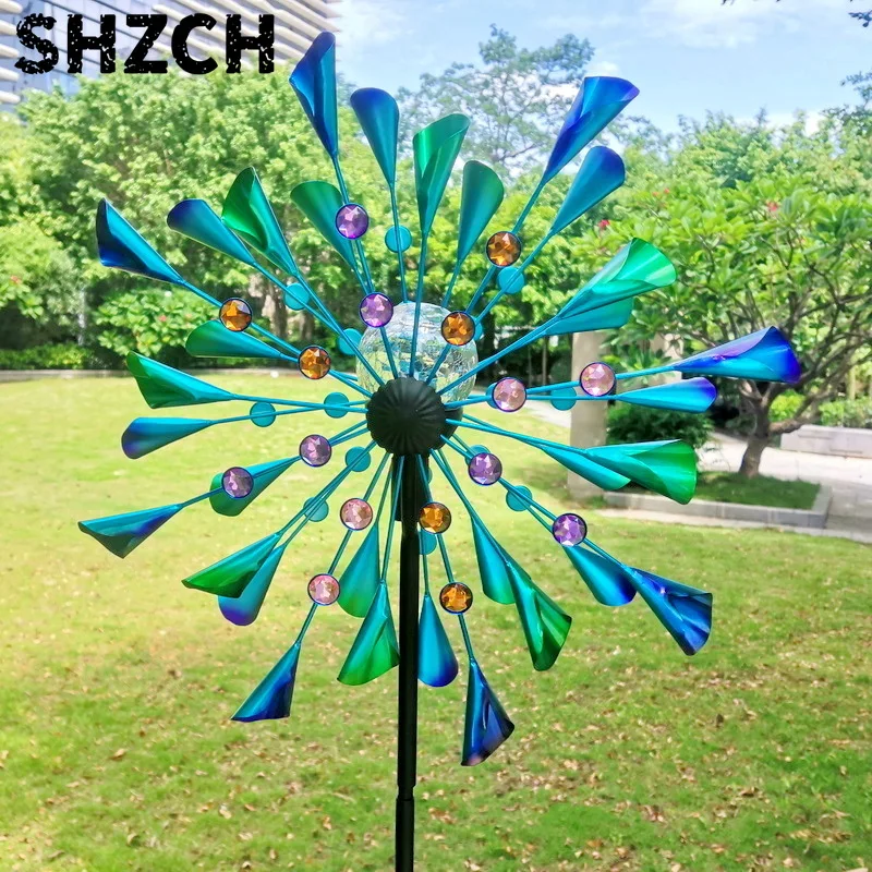 Solar Light Wind Spinners Color Changing Garden Decor Double Sided Horn Blade Pinwheel with Glass Globes Outdoor Lawn Ornaments