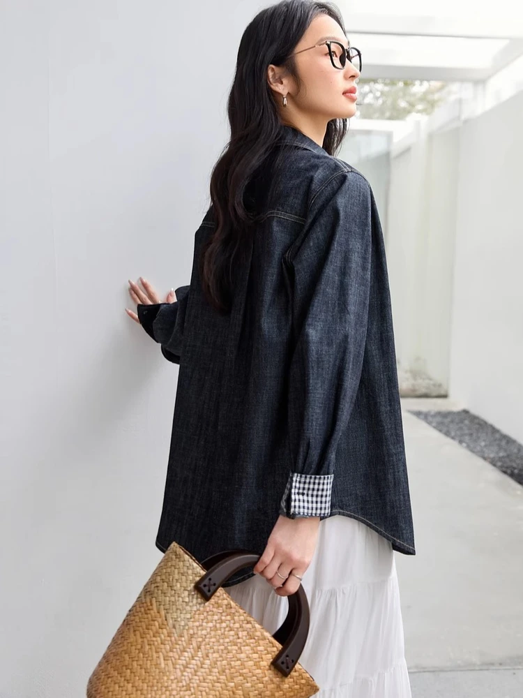 VIMLY Women's Denim Shirt Spring 2025 Black-Grey Cotton Mid-Length Turn-down Collar Jacket Korean-style Relaxed Fit A0178