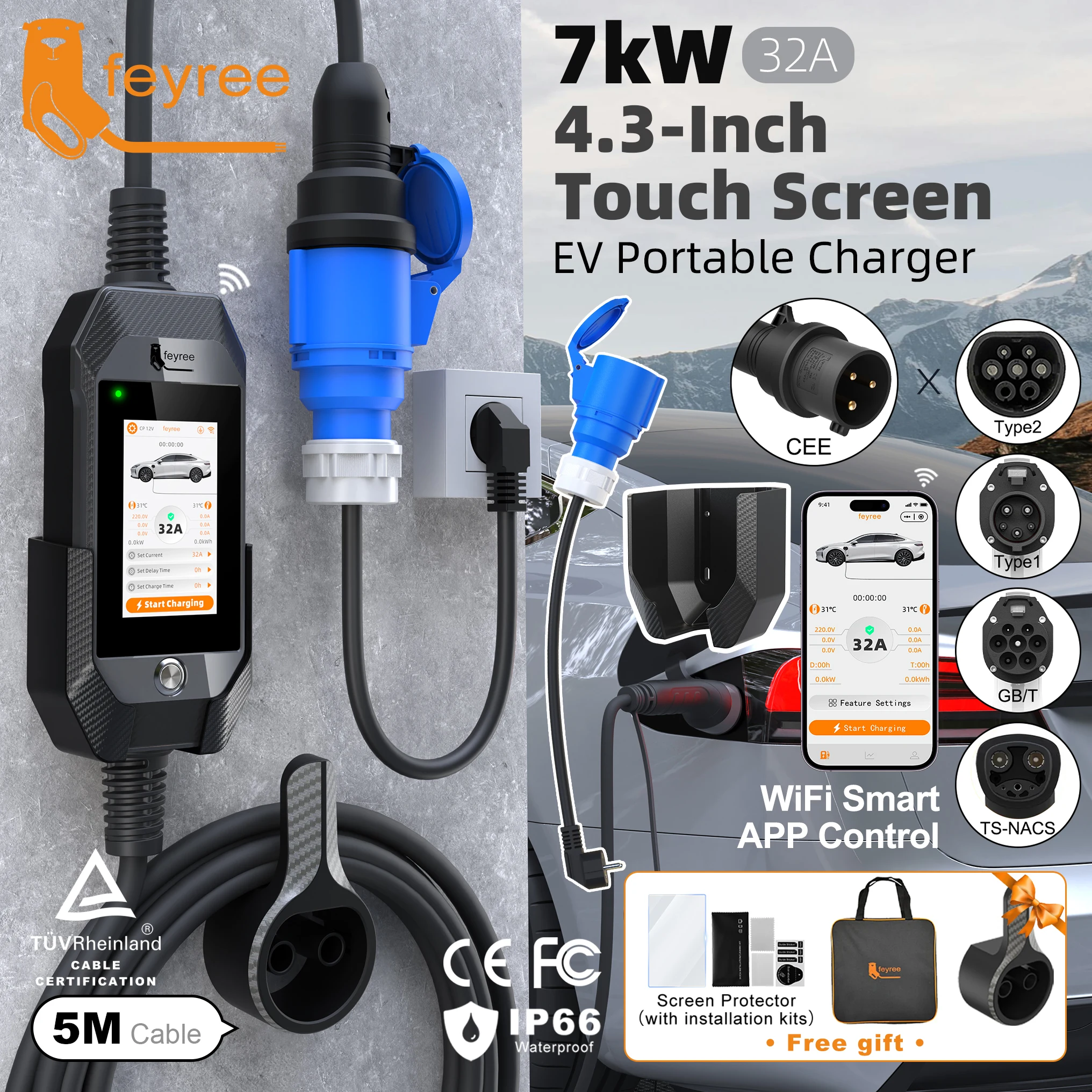 Feyree 32A 7kW 1P Portable EV Charger 4.3inch Touch Screen Type2/Type1/GBT/TS-NACS Grey Color Smart APP WiFi Control for EV Car