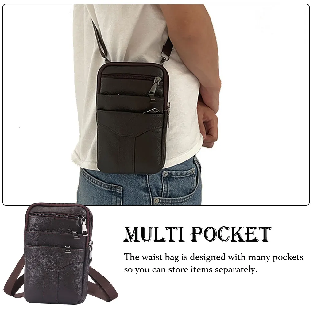 Marsupio da uomo con cerniera Multi tasca di ricambio a spalla singola Crossbody Smart Phone Earbud Storage Pack Pouch Brown