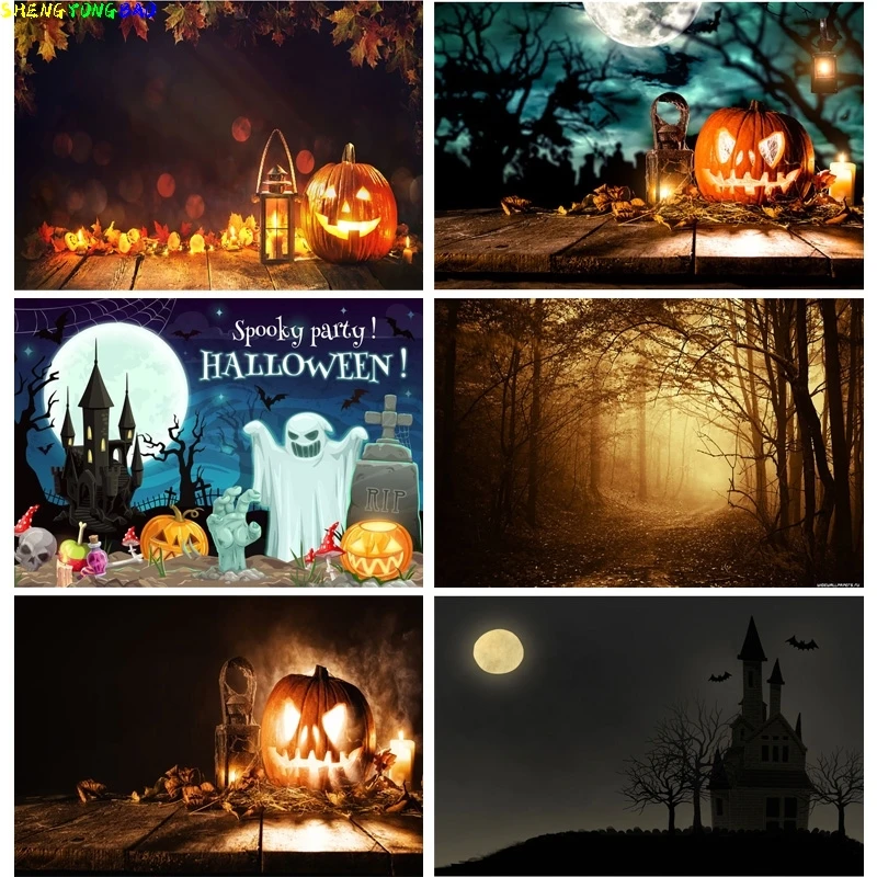 

Halloween Backdrop Pumpkin Lantern Forest Moon Tombstone Photo Background For Photography Studio Props 2189 XTXT-05
