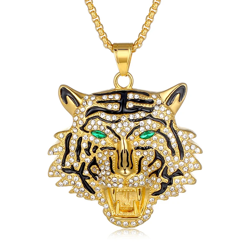 

Hip Hop Rhinestones Paved Bling Iced Out GoldStainless Steel Big Tiger Pendants Necklace for Men Rapper Jewelry with cuban chain