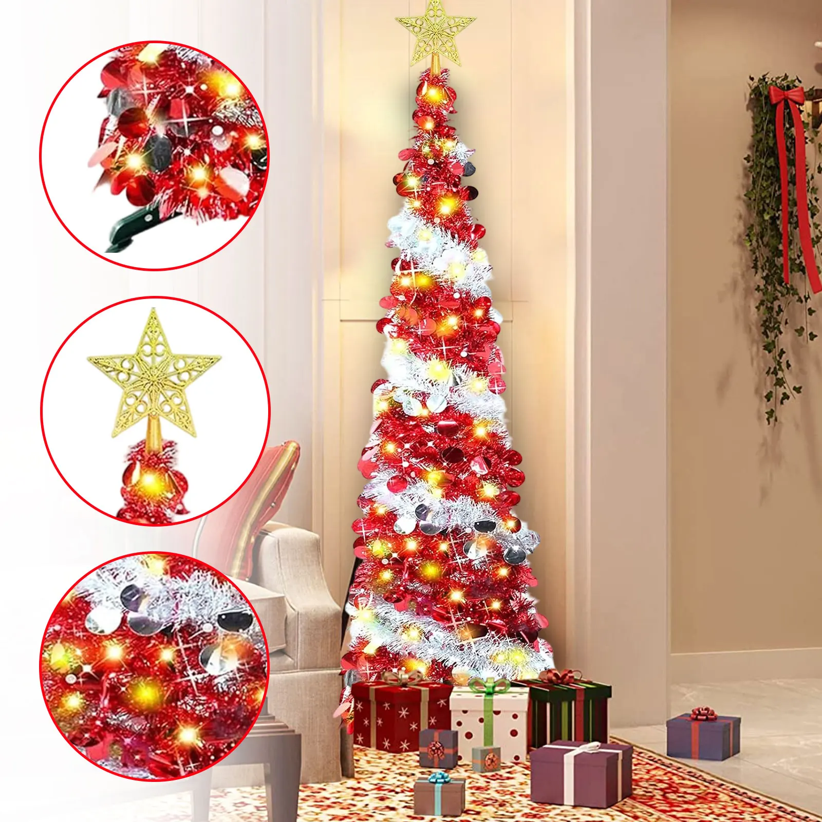 Árbol decorativo de dos colores de Navidad plegable retráctil de 150cm que incluye caja de batería de 5 metros, cadena de luces, decoraciones navideñas