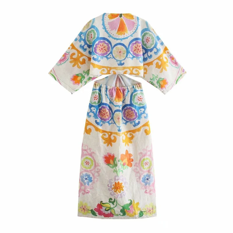 

European Short Sleeve Print Linen Dress