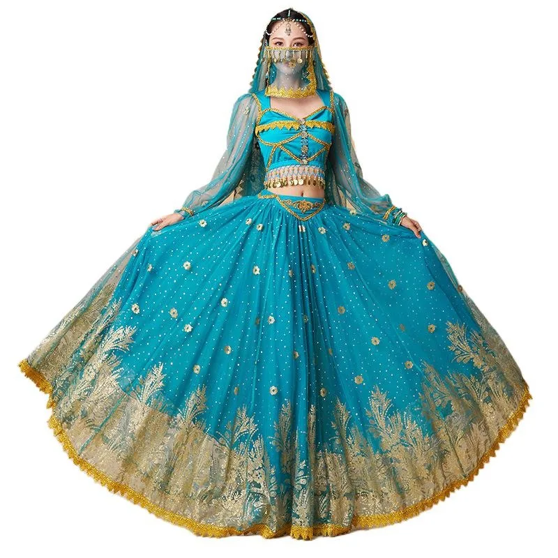 Women Long Sleeved Top+Large Hem Long Skirt Set New Oriental Indian Princess Costume Belly Dance Dress Aladdin Performance Suit