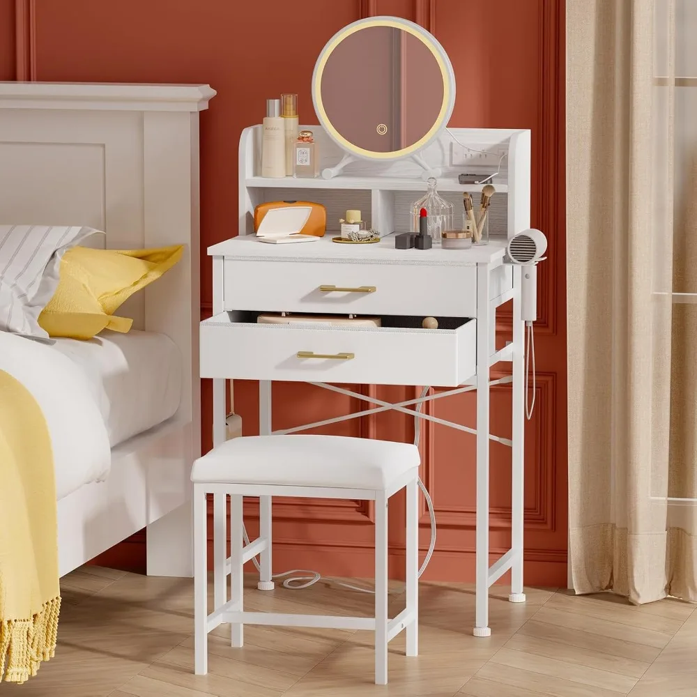 

White Small Vanity Desk Set with Lighted Mirror and Chair, Makeup Dresser with 2 Fabric Drawers, Power Outlet, Makeups Vanities