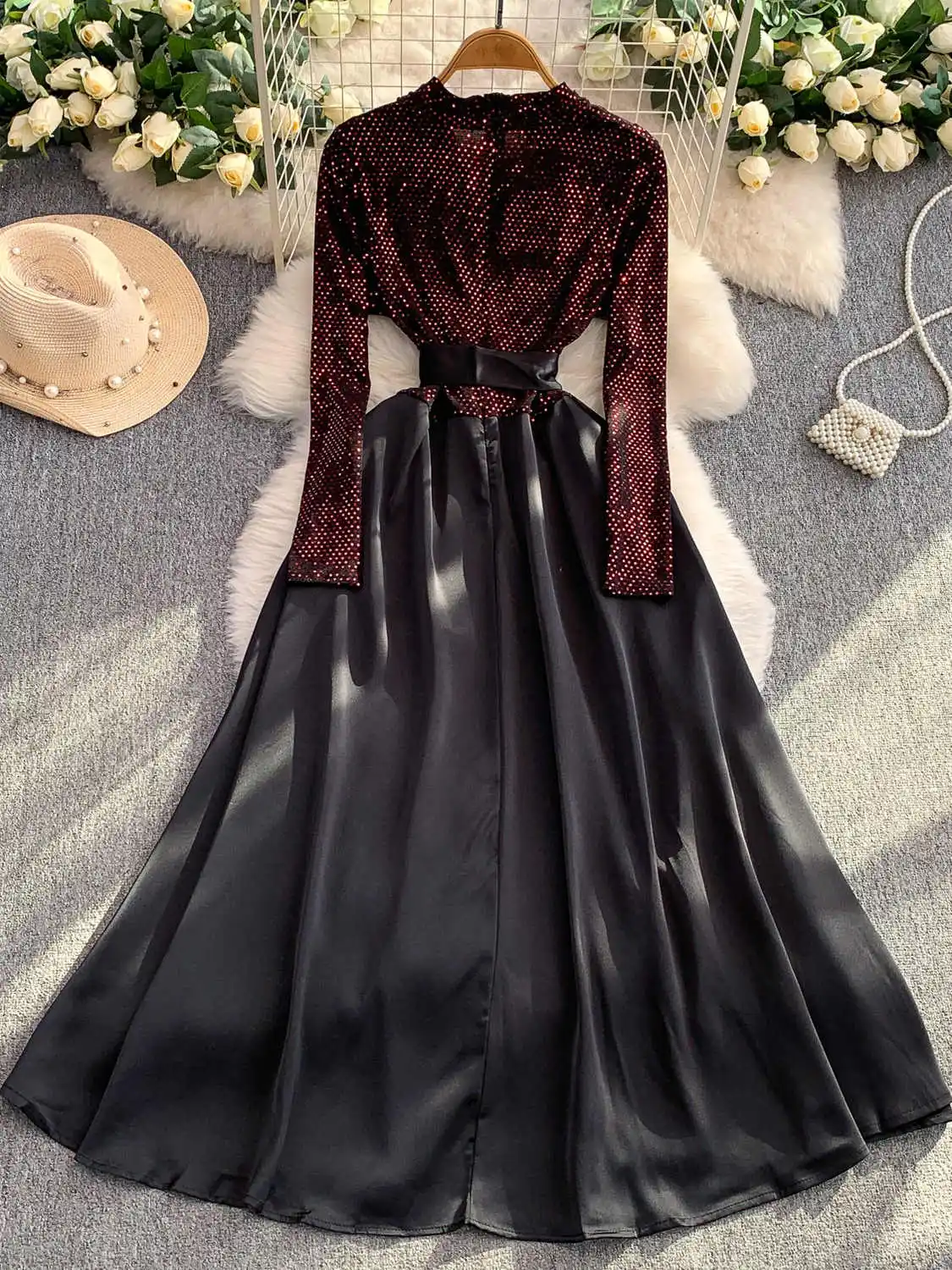 فستان سهرة نسائي أسود على الطراز القوطي مرقع عتيق بأكمام طويلة ورقبة على شكل حرف v فستان حفلات فاخر Y2k قطعة واحدة ملابس الخريف #4