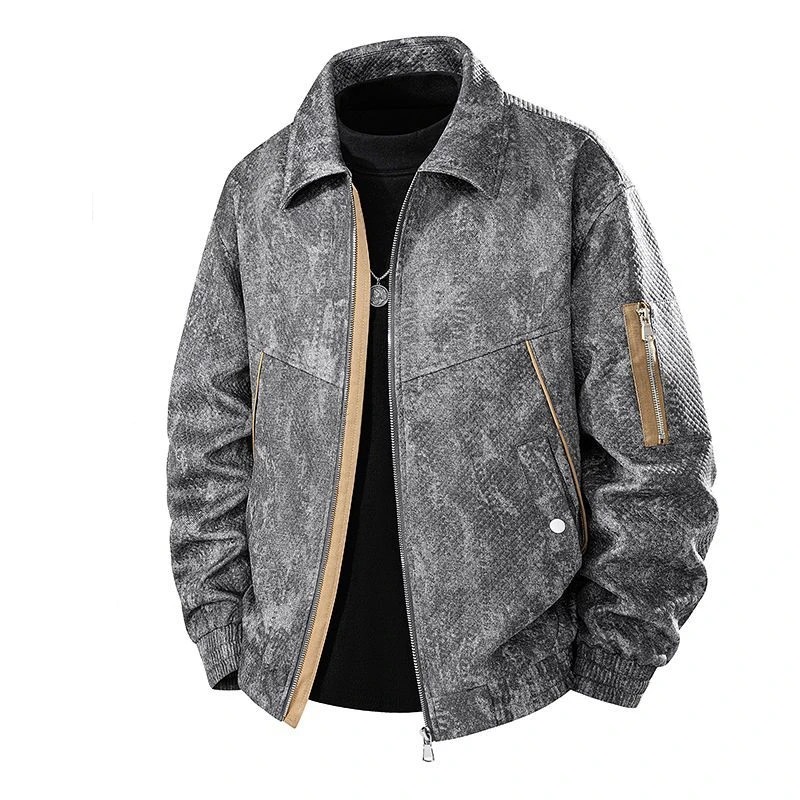 Mens Loose Fit Turn Down Collar Jacket Abstract Pattern Zipper Closure Ribbed Cuffs Casual Daily Outerwear Spring Autumn
