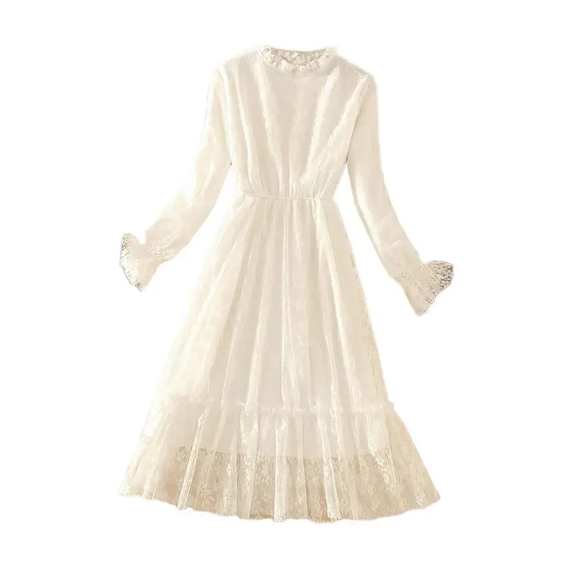 

Woman Dresses Vestido De Mujer Femme Robe White with Fleece Lining Long Lace Dress for Women Spring and Autumn Dress