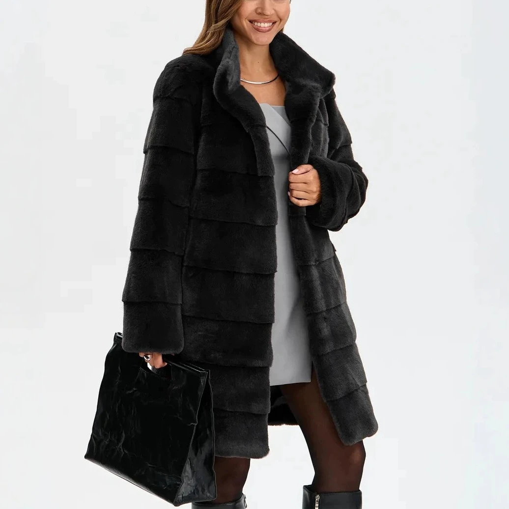 Women Faux Fur Mid Length Coats Jackets Stand Collar Coat Thick Warm Y2k Streetwear Jacket Tight Waist Elegant Autumn Winter