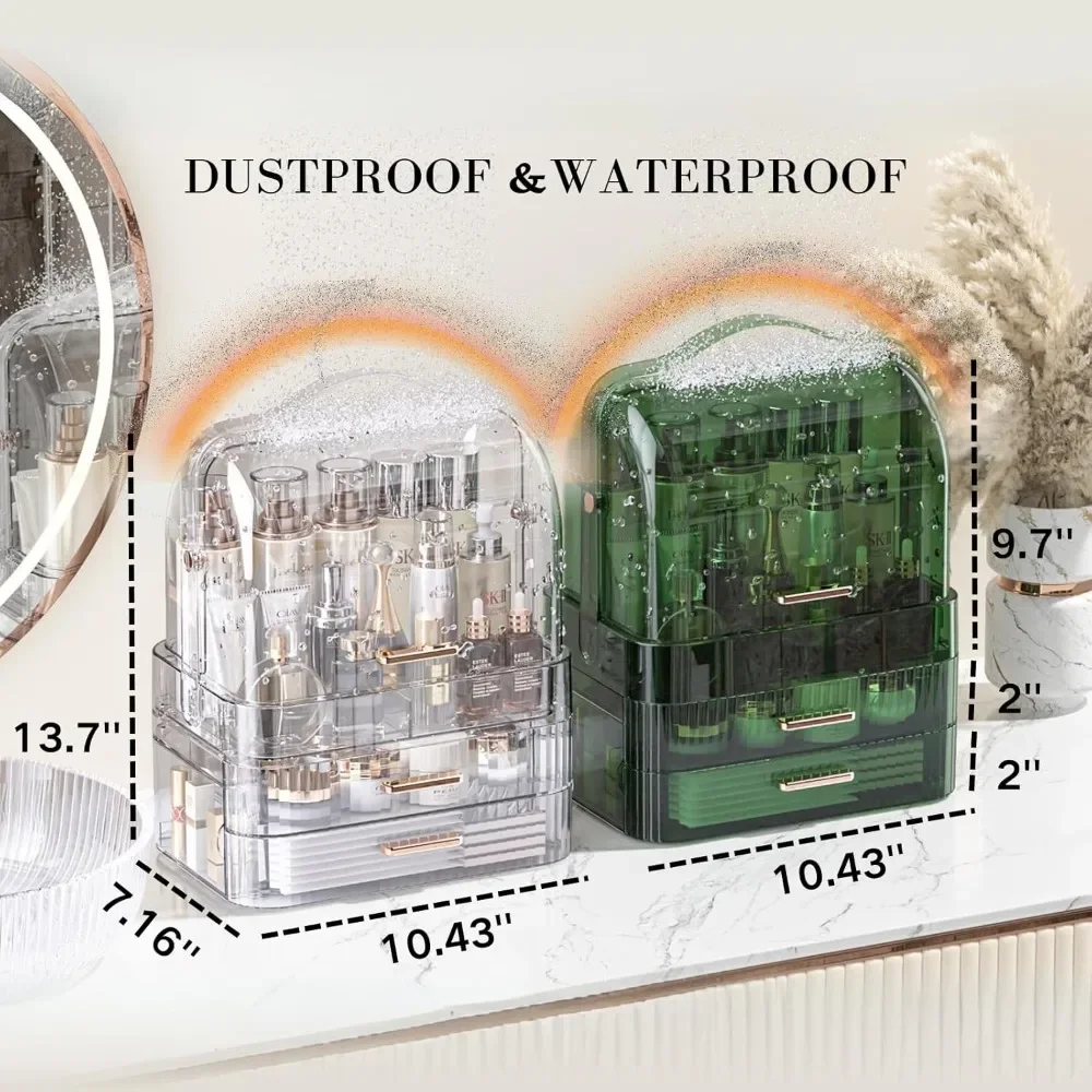 LINFIDITE Cosmetics Storage Box Transparent Lid Large Makeup Organizer Box Drawers Portable Handle Waterproof Dustproof