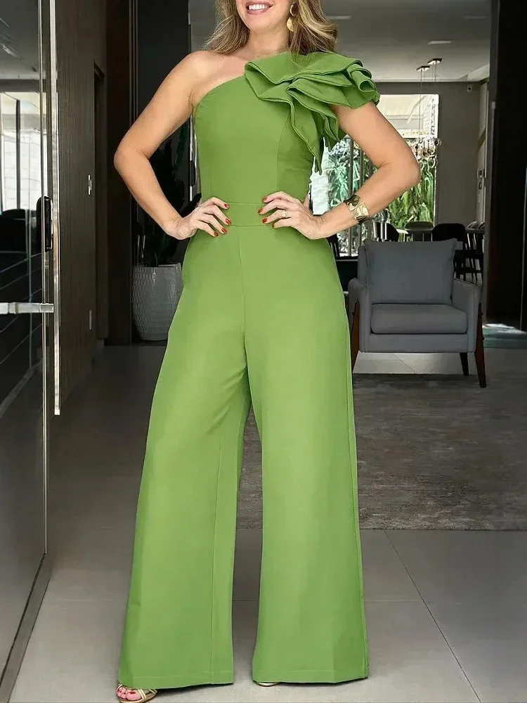 بدلة عمل Mia Muse Boutique Mature Vibe سادة بدون أكمام بكتف واحد وطول كامل وواسعة الساق بدلة قفز نسائية لصيف 2025