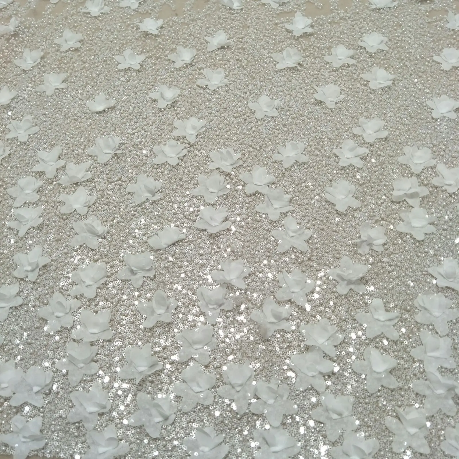 2024 New 3D flower lace ivory color wedding dress lace with sequins and beads lace fabric 130cm wide is sold by yard