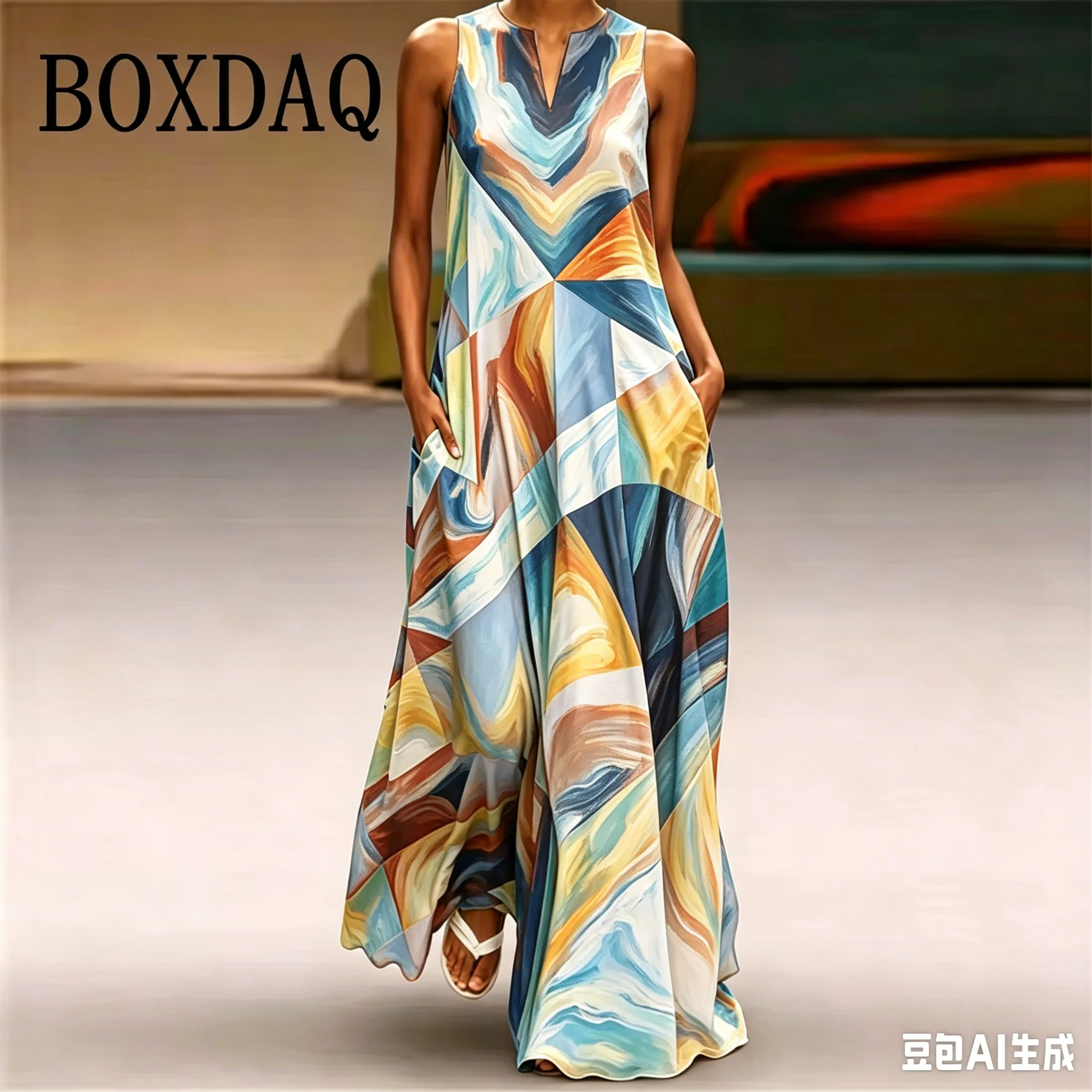 2026 Summer Women Long Dress Tie Dye Geometry 3D Print Casual V Neck Sleeveless Maxi Dress Street Fashion Women Party Long Dress