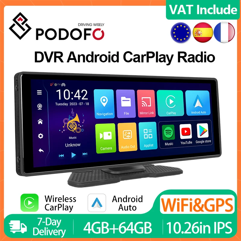 Podofo 8Core 4G+64G Android CarPlay Player Wireless Android Auto Car Radio ADAS Dash Cam DVR 10.26