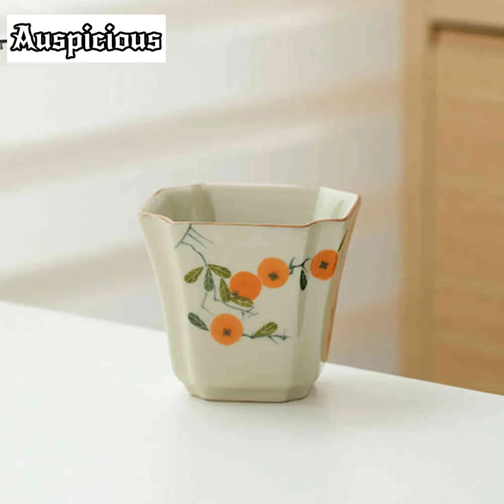 

100ml Pure Hand-painted Persimmon Ceramic Teacup Retro Grass Wood Ash Square Window Master's Cup Personal Chazhan Kung Fu Teaset
