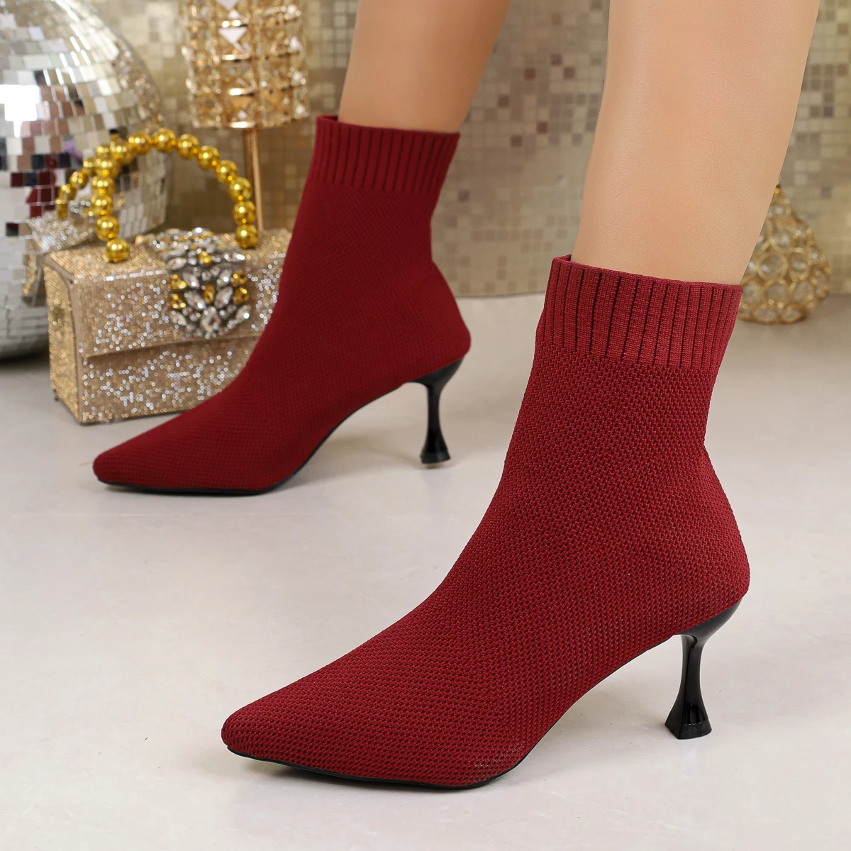 Women Boots 2026 New High Heel Knitted Boots Women Fall Style Thin Heel Shoes Women Large Size Pointed Toe Tube Elastic Shoes