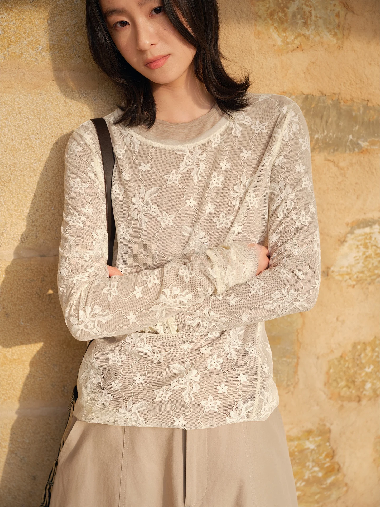 

Женская футболка Biggie Lili White Heavyweight с длинным рукавом и кружевом, солнцезащитная, повседневная, прямого кроя, весенняя мода