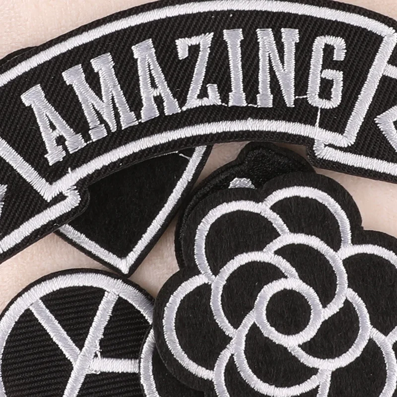 Black and White Pattern Letters Iron On Patches For Clothes Embroidered Stickers Sew Diy Naszywki Fabrics Jacket Parches Mochila