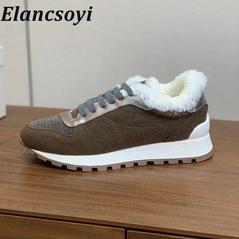 Winter Metal String Bead Decorative Suede Casual Shoes Lining Paired with Patchwork Flats Comfortable Vacation Walking Shoes