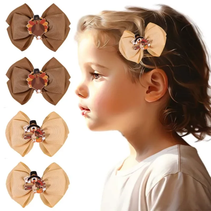 

ncmama 2Pcs Thanksgiving Turkey Hair Clip Solid Color Ribbon Bow Hairpin for Baby Girl DIY Barrettes Fashion Hair Accessories