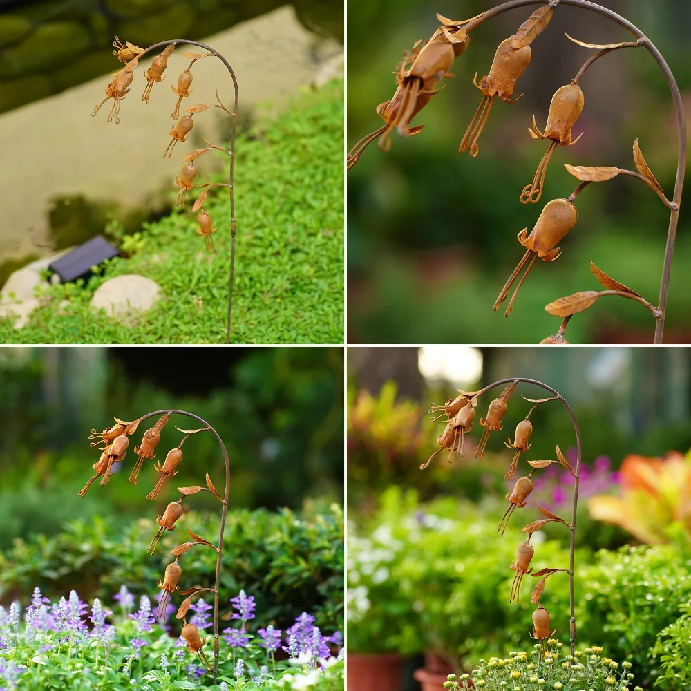 Rusty Bell Orchid Plant Statues Bell Orchid Decorative Sculptures Floral Garden Art Garden Decor Stake Lawn Path Courtyard Decor