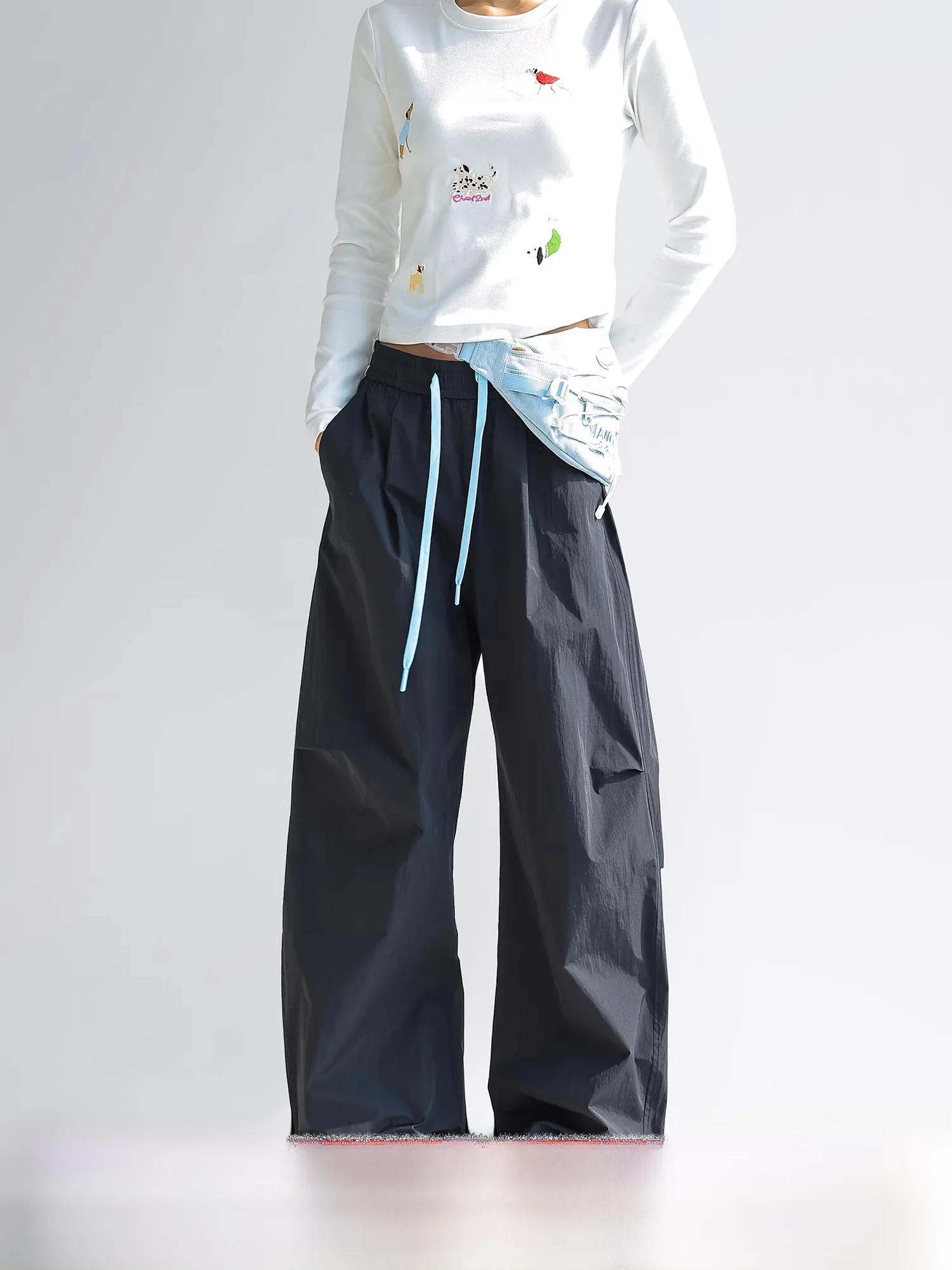 

Женские повседневные брюки с высокой талией, прямые, свободные, широкие, плиссированные, из нейлоновой ткани, удобные, в стиле парашютиста