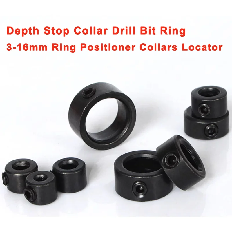 

Depth Stop Collar Drill Bit Ring Inner hole 3-16mm OD 10- 24mm Height 8mm 45 # Carbon Steel Black Positioner Collars Locator